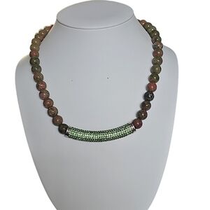 Genuine Unakite Beaded & Neon Green Austrian Crystal Necklace